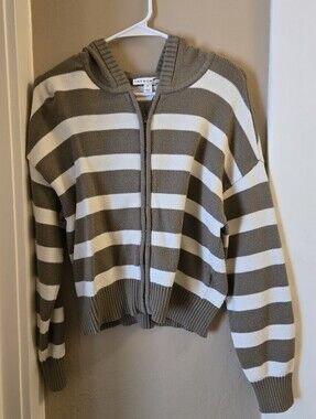 And Now You Know Hooded Zip-Front Striped Sweater - Taupe & White